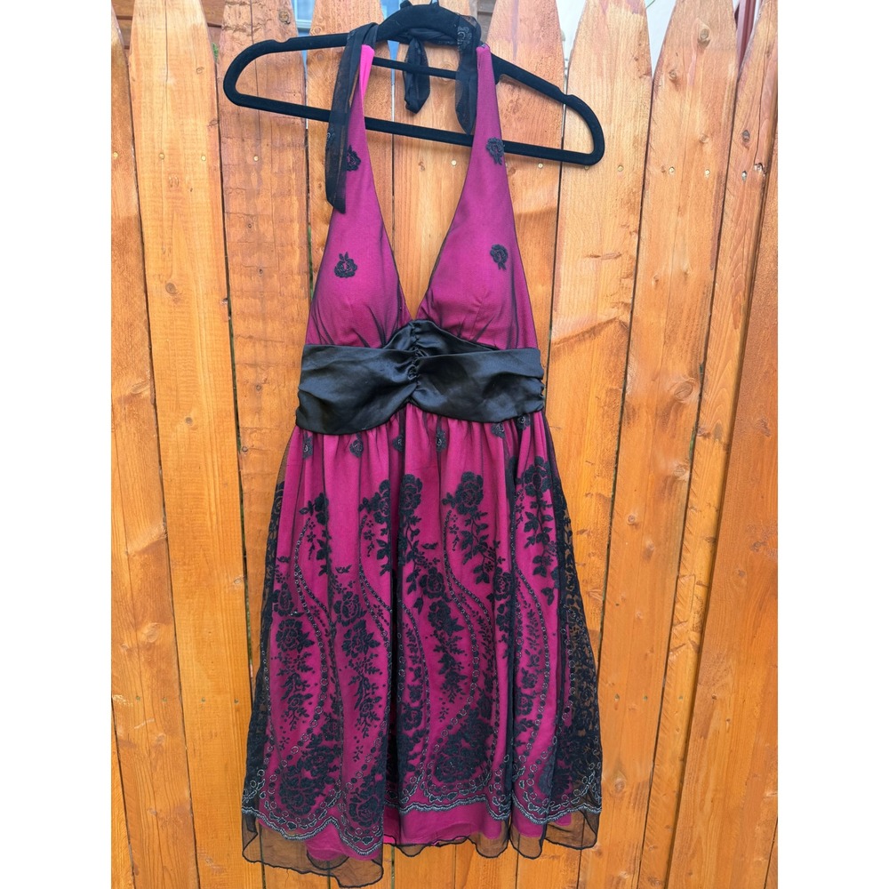 Ruby Rox Magenta Pink Black Lace Floral Halter Cocktail Dress Medium Prom Party